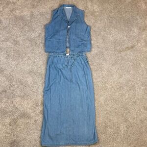 Vintage FL Malik Womens Blue Denim 2 Piece Set Vest and Maxi Skirt Size L 12